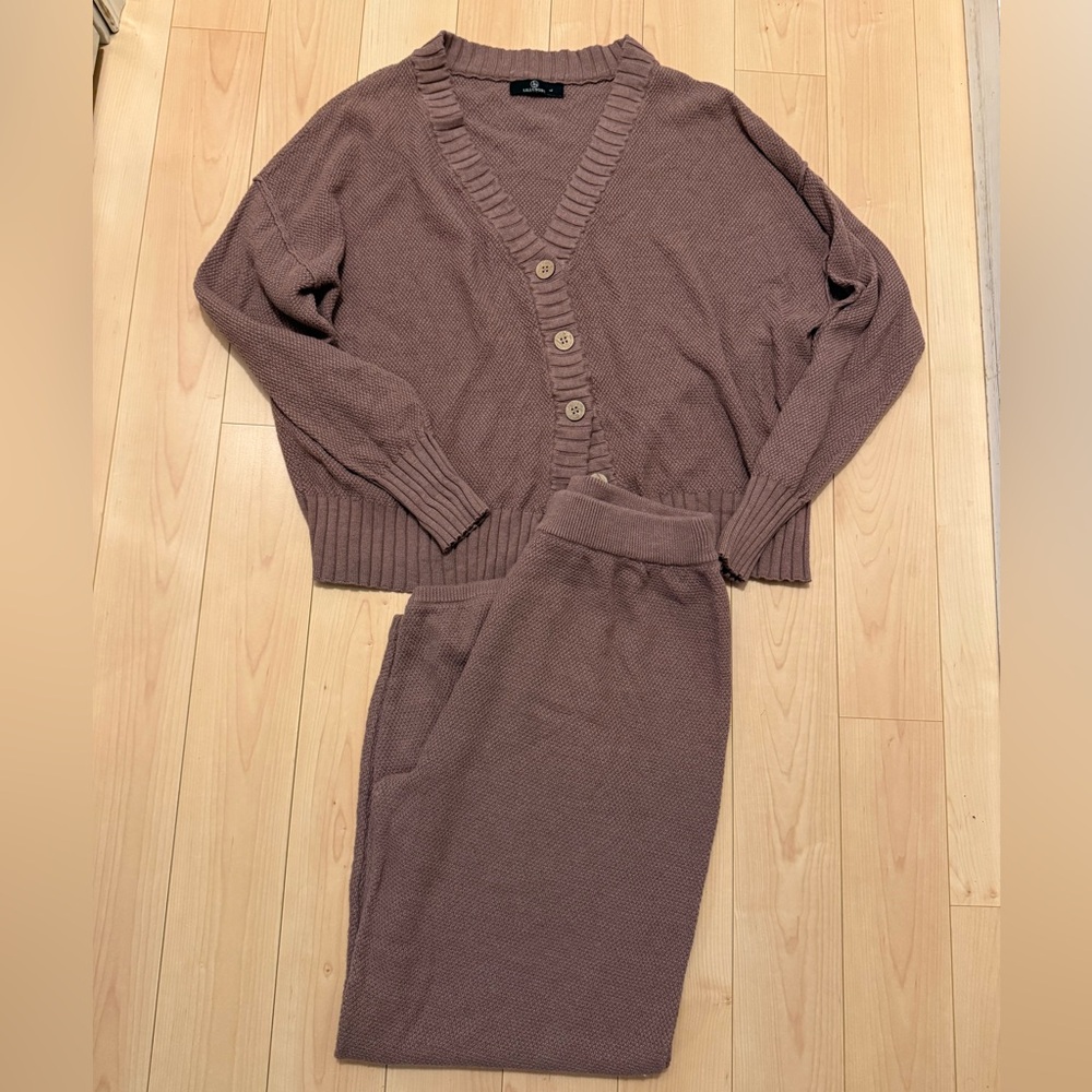 Lillusory Cozy Brown Knit Cardigan and Pants Lounge Set